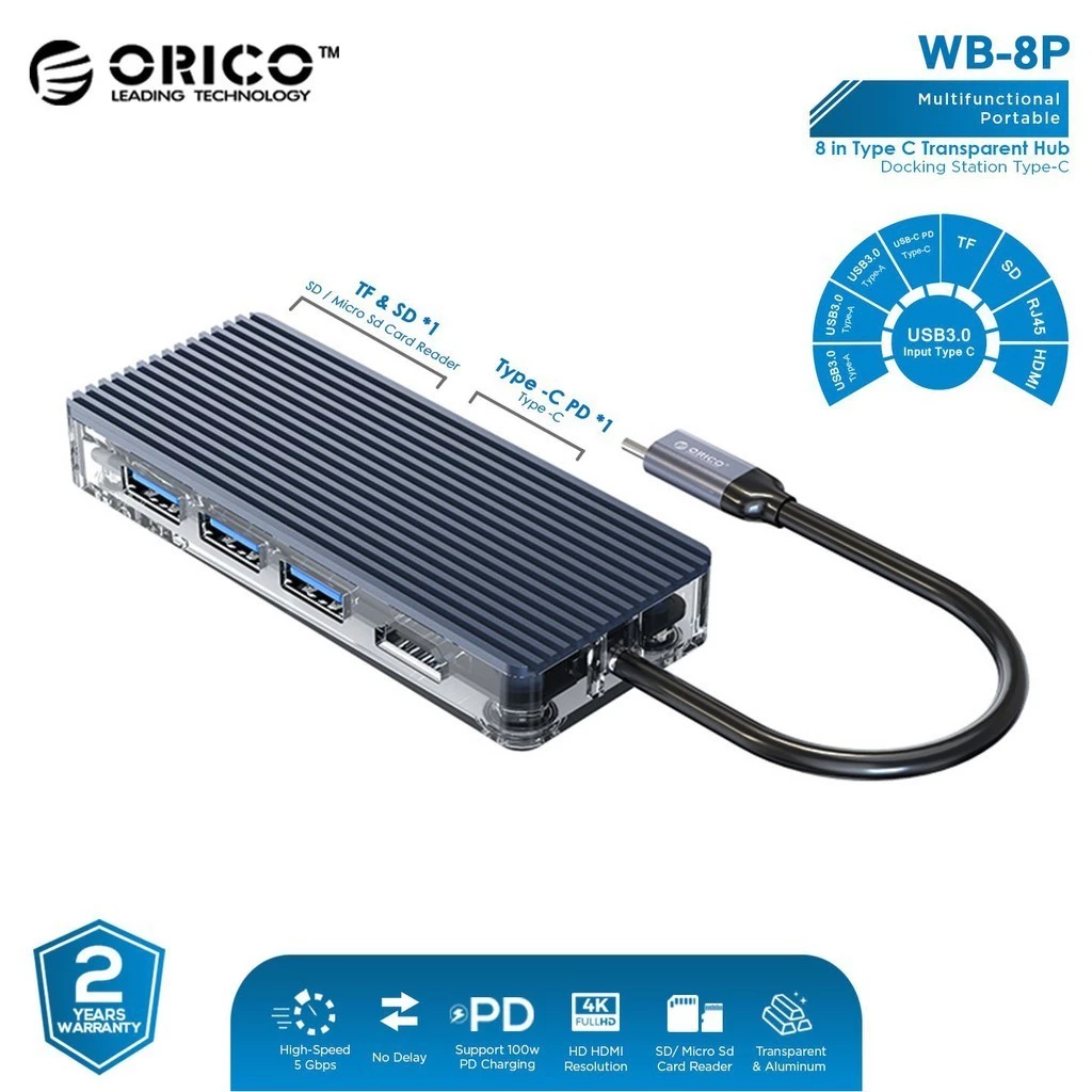 ORICO 8in1 Type C Hub USB 3.0 HDMI TF SD RJ45 - WB-8P