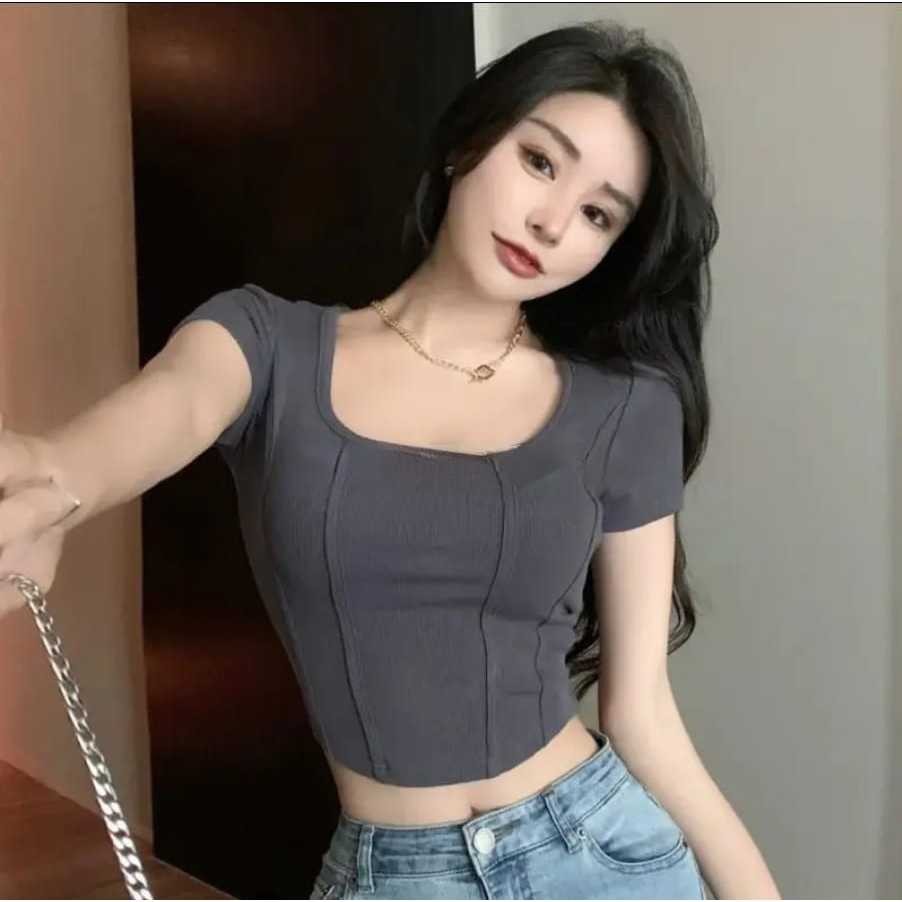 Jual Blouse Korea - Lucia Crop Top Baju Atasan Garis Dua Crop Top Short ...