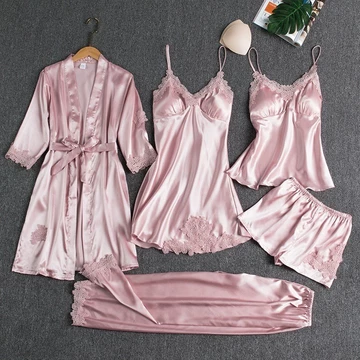 Baju Tidur Satin Wanita High Quali Piyama Set Sexy Kimono 5In1 Baju Tidur Satin Wanita Baju