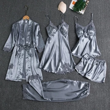 Baju Tidur Satin Wanita High Quali Piyama Set Sexy Kimono 5In1 Baju Tidur Satin Wanita Baju