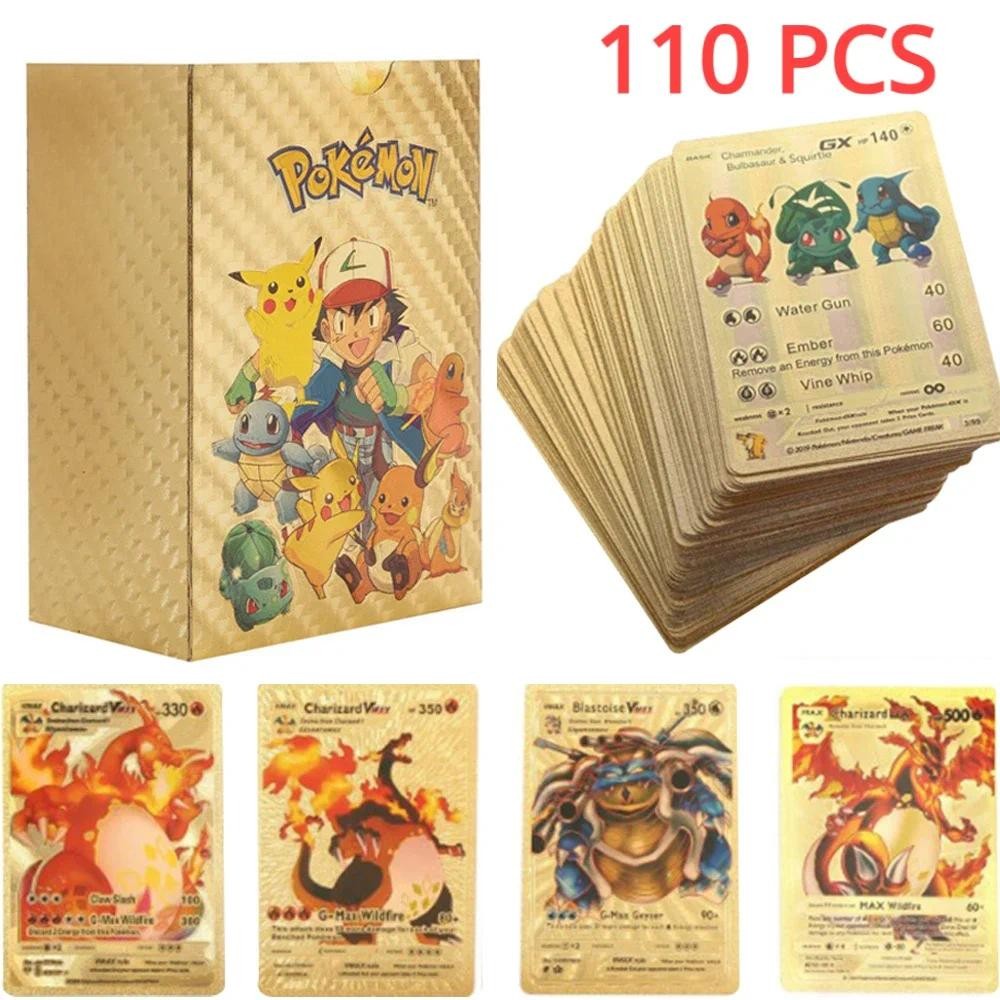 55 Or 110 PCS Pokemon Foil Gold Pack Cards - Assorted TGC Cards Featuring Charizard VMAX V - English/German - Full Art
