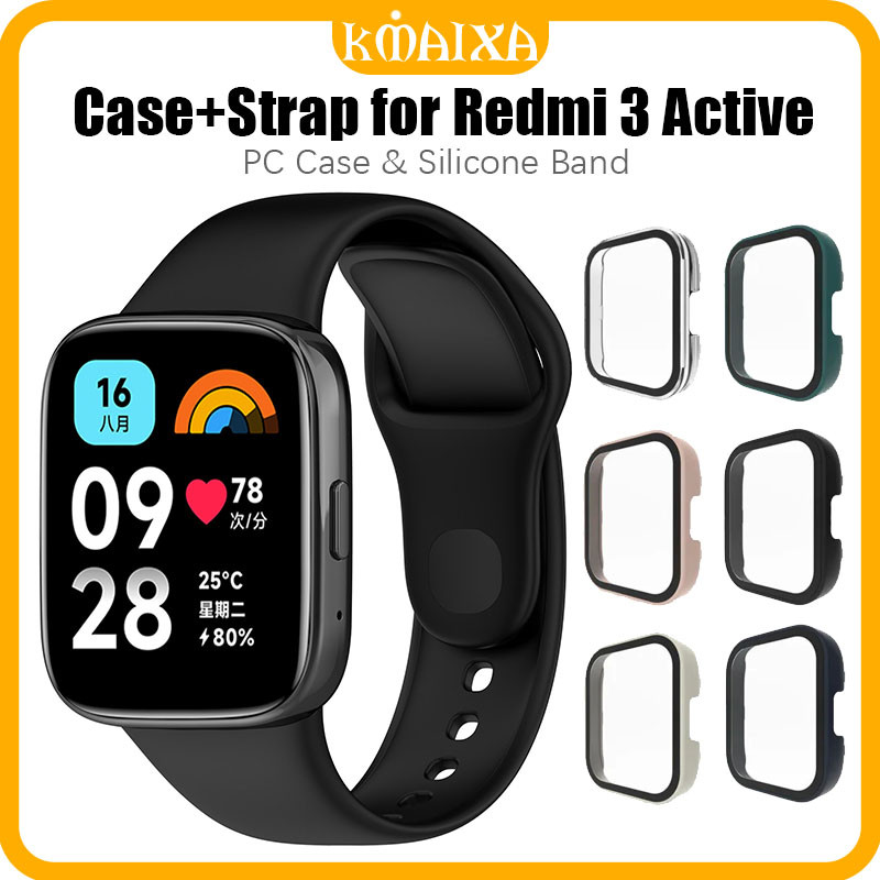 Case+Strap for Redmi Watch 3 Active Rubber Silicone Band Belt Bracelet Anti Gores PC Tempered Glass Hard Screen Protector Bumper Cover Accessories Tali Pengganti Jam Tangan Smartwatch for Xiaomi Mi Watch 3 Lite