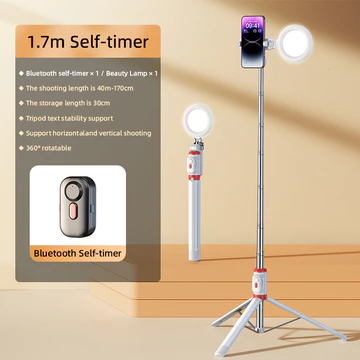 Goojodoq Selfie Stick Live Tripod Bluetooth Selfie 1.7m Stainless Steel Fill Light Rotatable