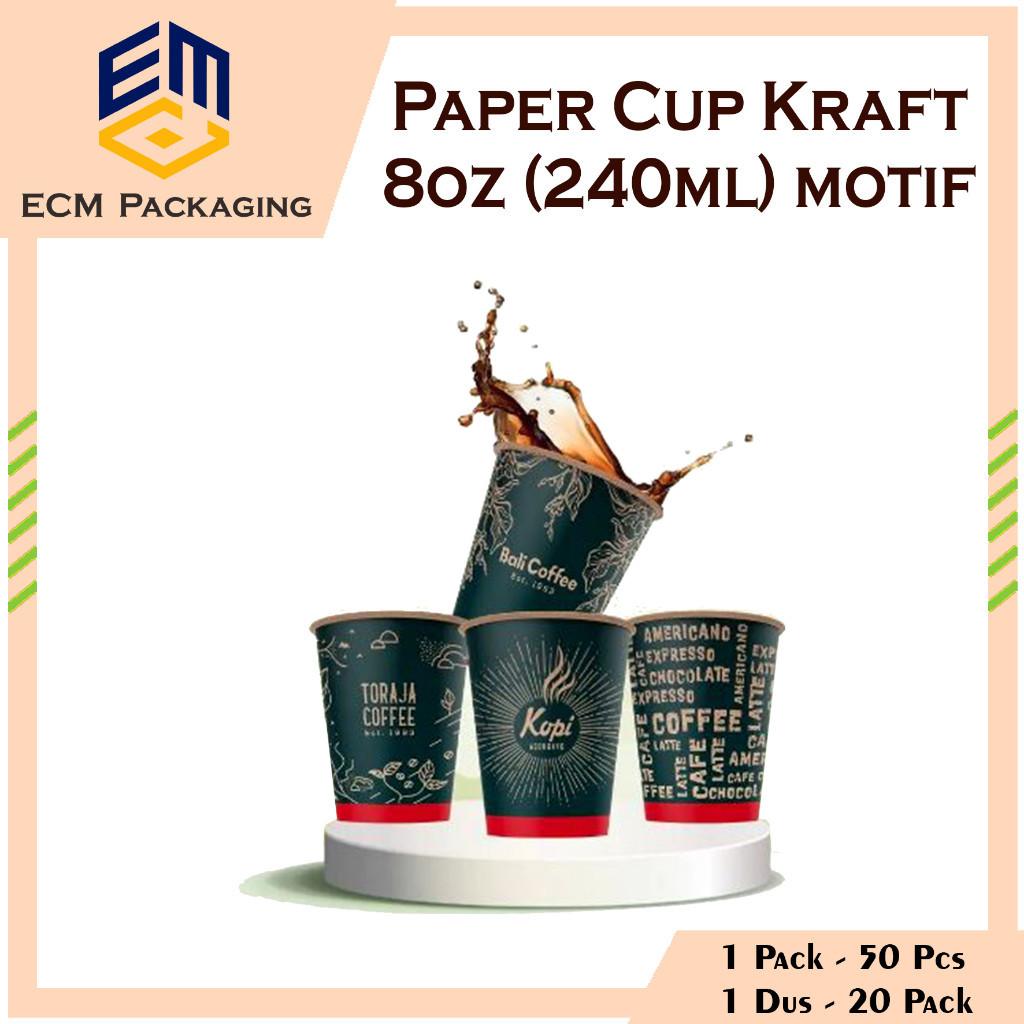 Jual Paper Cup 8oz Kraf Motif 50pcs Cup Kertas Coklat Motif Gelas