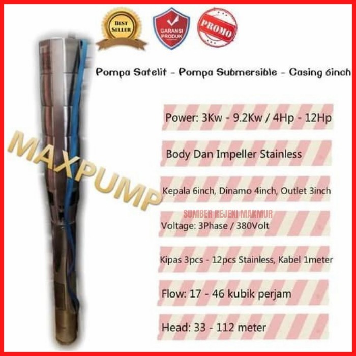 Jual SUBMERSIBLE PUMP POMPA AIR RENDAM POMPA SATELIT 6 INCH 4HP 3PHASE ...