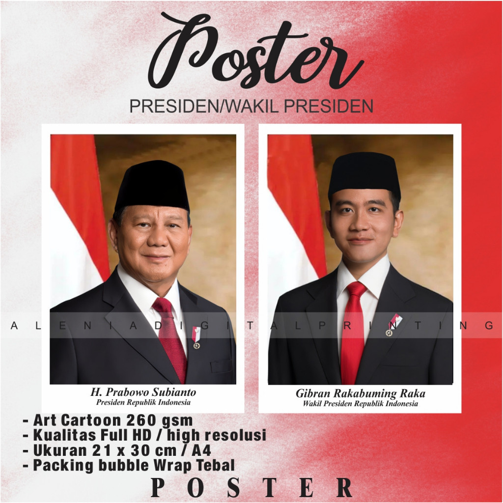 Jual POSTER Foto Presiden dan Wakil Presiden 2024 Prabowo Gibran 21x30