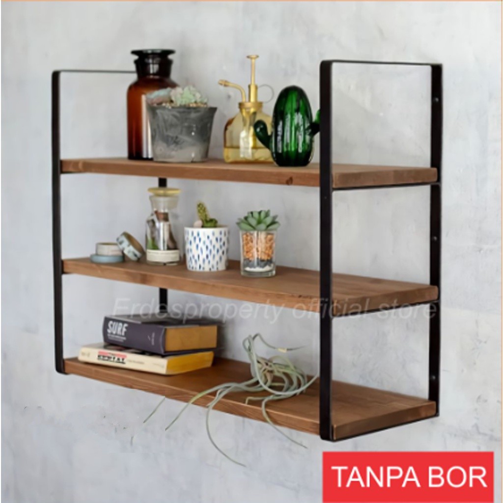 PROMO Rak Papan Ambalan 3 Susun Tempel Dinding Hemat Ruangan | Rak Hias Dinding 3 Tingkat Panjang 30 - 60 cm | Rak Dinding 3 Ambalan Kayu Besi Buku Make Up Kosmetik Hiasan  AESTHETIC