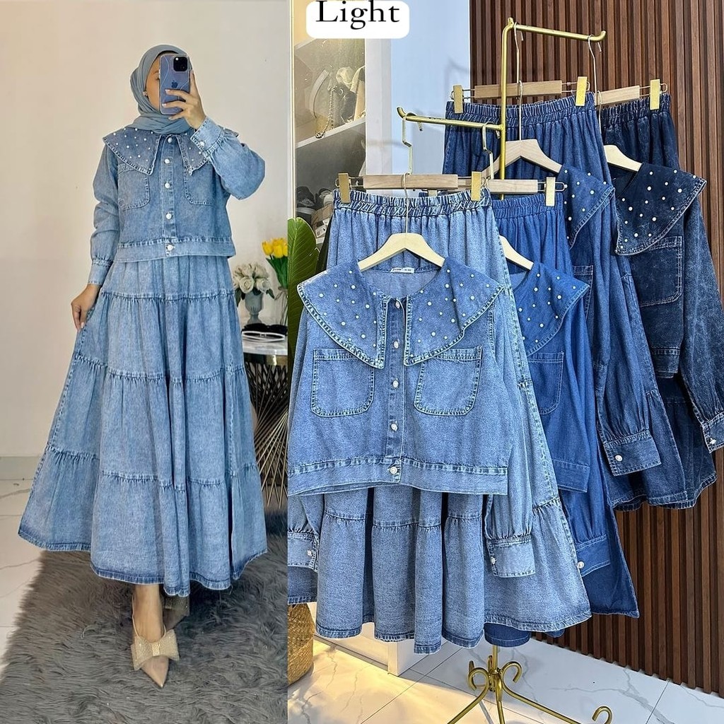 Jual R A Milana Set Setelan Rok Wanita Muslim 2in1 Jeans Apk Mutiara