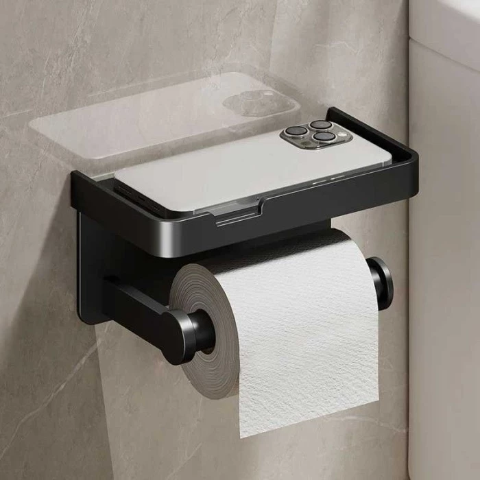 Gantungan Tisu Toilet Aluminium Tempat Roll Tisu dengan Rak Atas Anti Karat untuk Kamar Mandi - foto 1