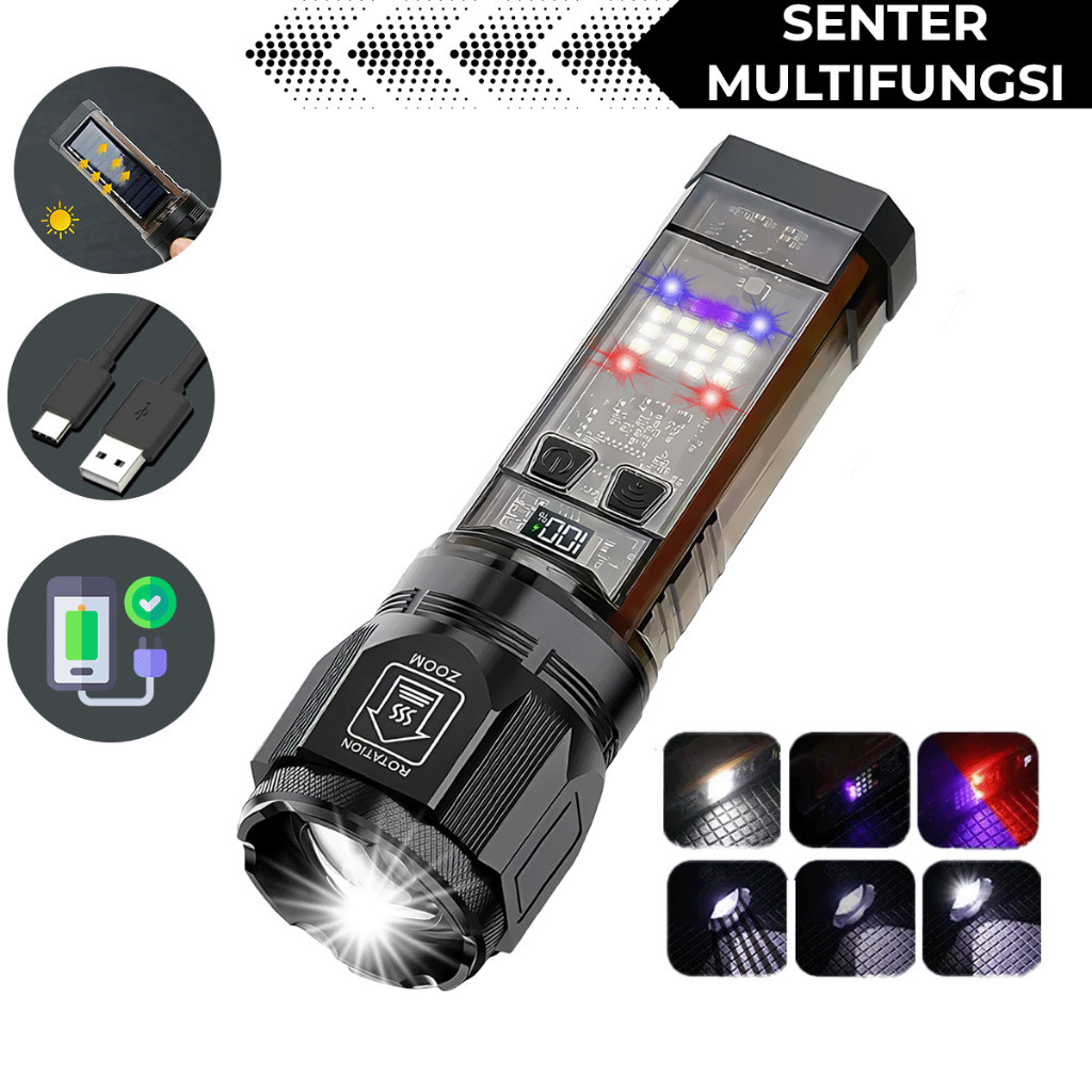 Jual Senter Zoom In Out Free USB Type C 6 Mode Cahaya Indikator Digital ...