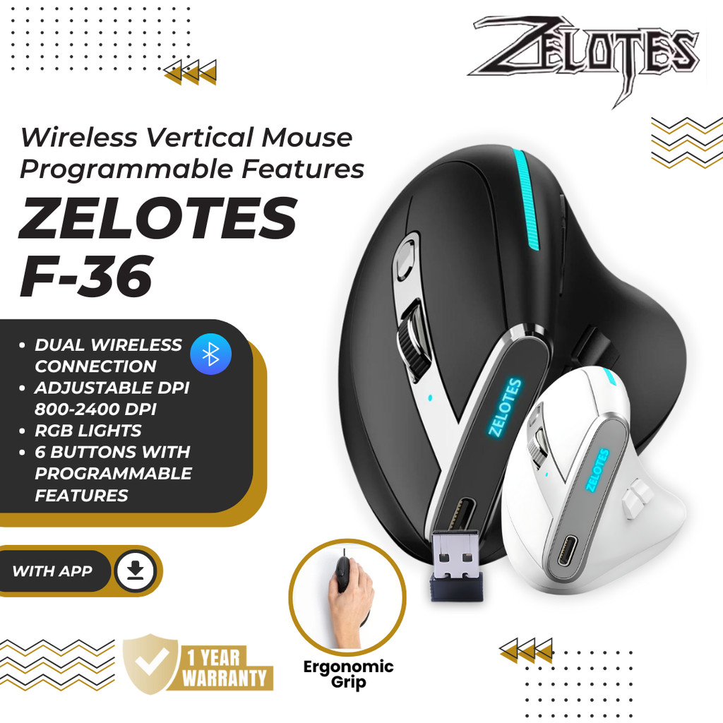 Jual Zelotes F36 Wireless Vertical Mouse Programmable Bluetooth 5.0 USB ...