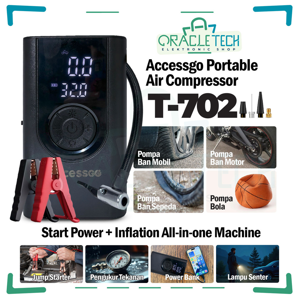 Jual AccessGo Portable Air Compressor T-702 2 in 1Jumper pompa | Pompa ...
