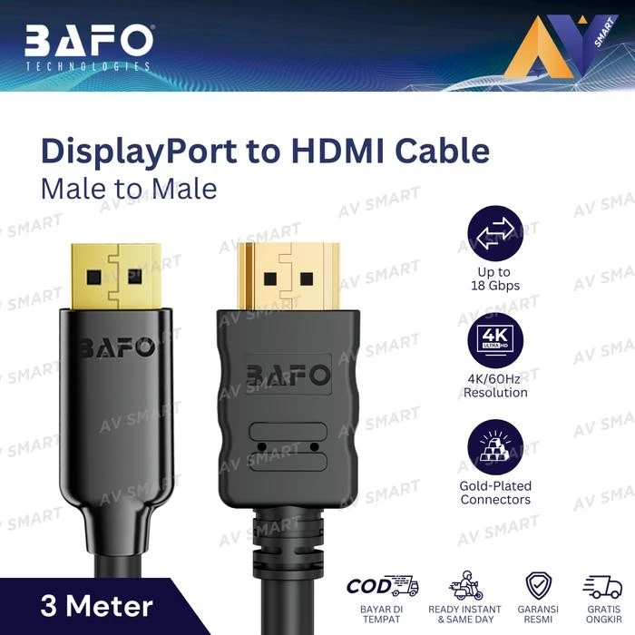 BAFO Kabel DisplayPort (DP) to HDMI 4K Male to Male 3 Meter