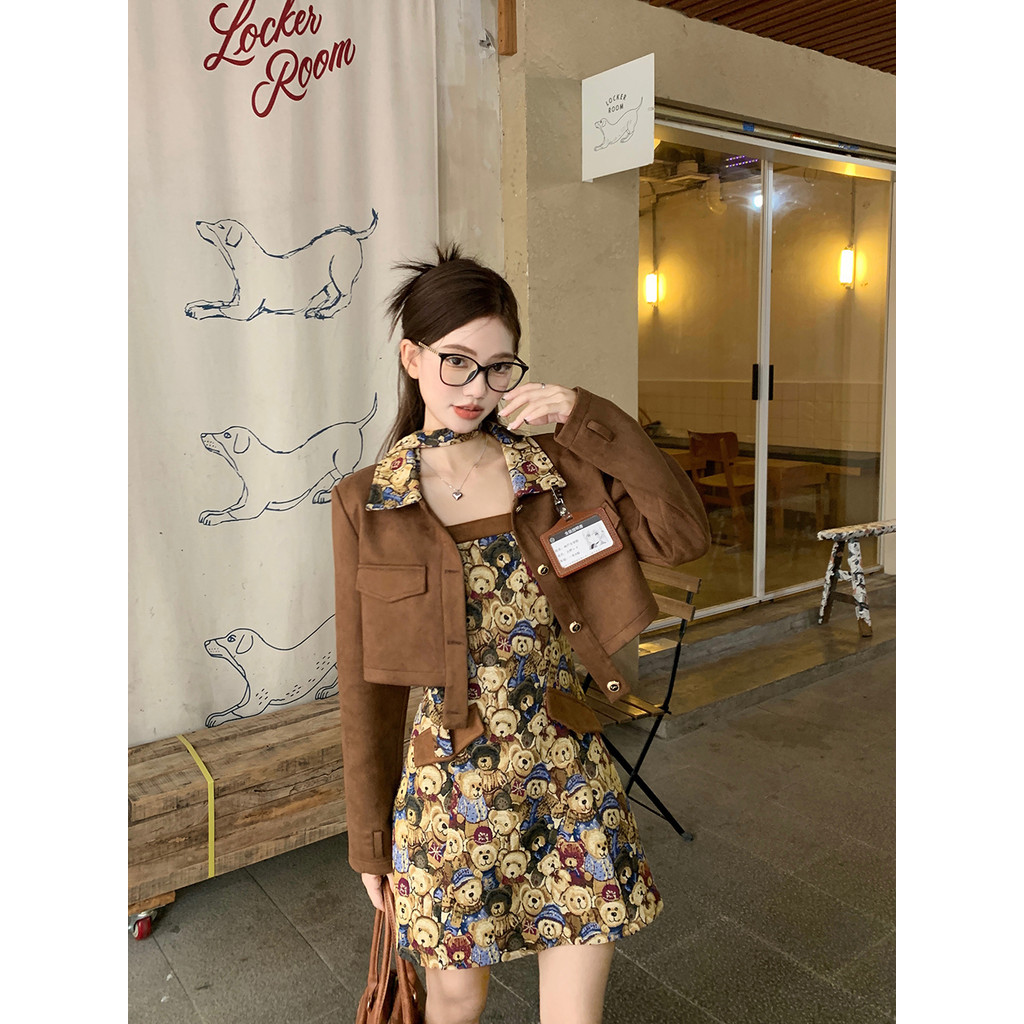 American Retro College Style Dress Women's Short Suede Jacket