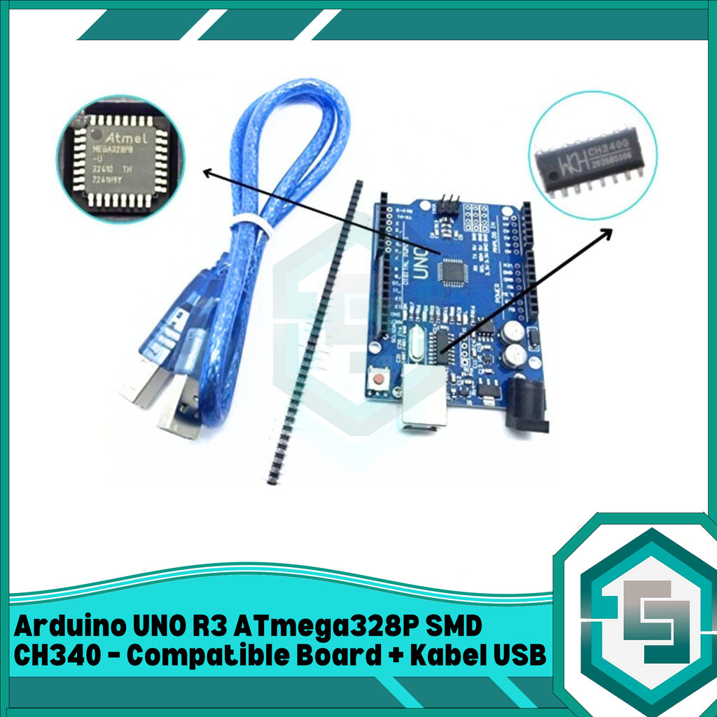 Jual Arduino UNO R3 ATmega328P SMD CH340 – Compatible Board + Kabel USB ...