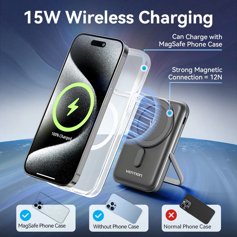 Vention Wireless Powerbank Magnetic Magsafe 20W iPhone Fast Charging 10000mAh with Metal Stand