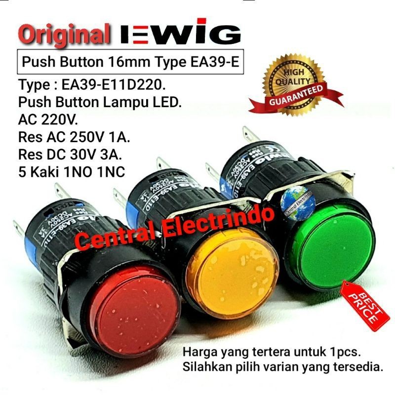 Jual Push Button Lampu Return AC 220V EA39-E11D220 16mm 5Kaki 1NO/1NC ...