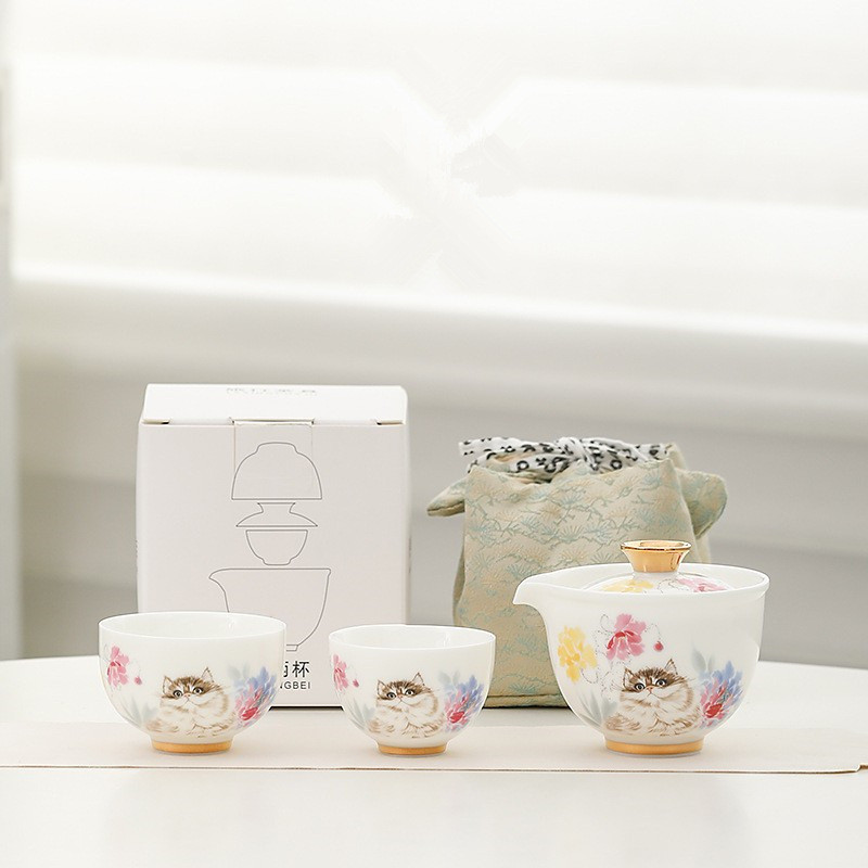 Jual Hand Drawn Cat Quick Cup One Person Tea Set Portable Travel Tea ...