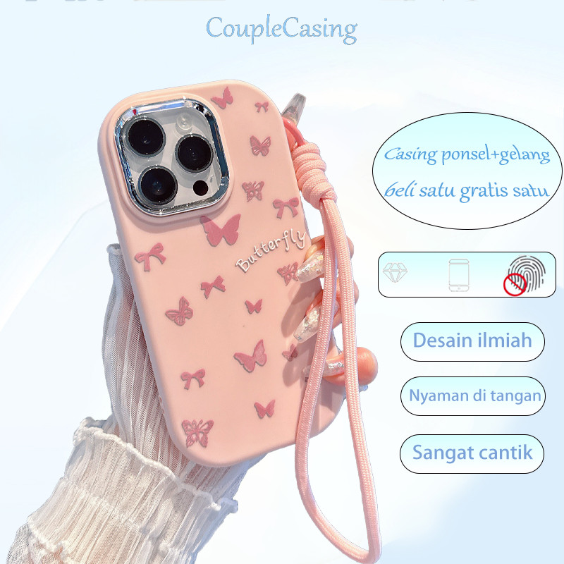 Gelang+Casing TPU Soft Case Case Butterfly iPhone Lucu Pink Case Hp iPhone  11 12 13 14 15 Pro Max X XR XS Max Aesthetic Cewek Case Unik Kupu Kupu