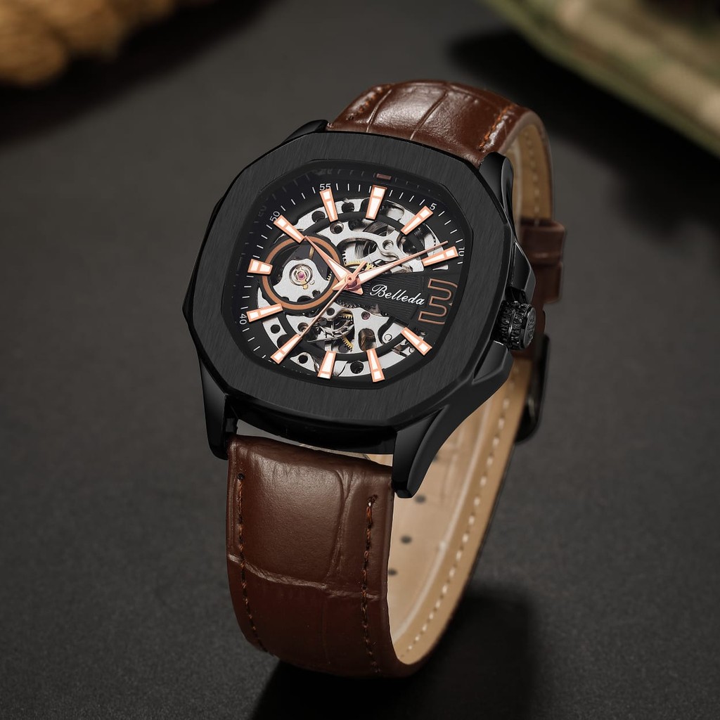 Jual Jam Tangan Pria Wanita Belleda 9633 Tali Kulit Automatic