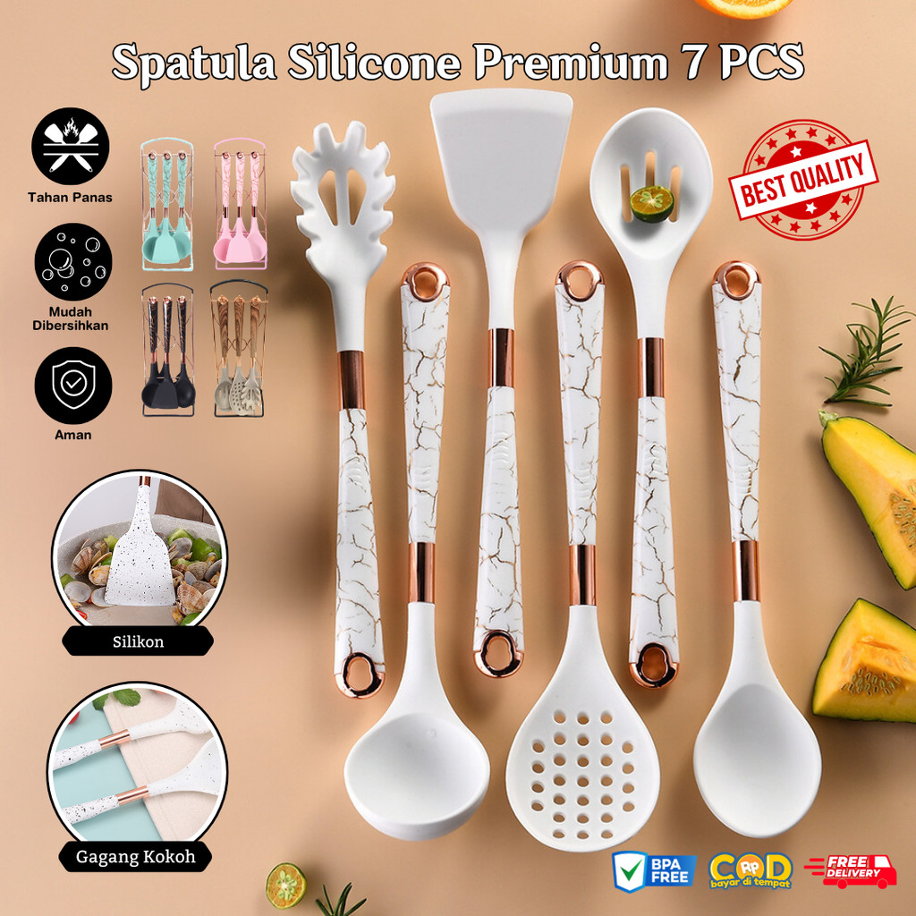 Spatula Silikon PREMIUM Tahan Panas 7 Set SUTIL SILICON MOTIF MARMER / Silicone Utensil Set / Kitchen Silicon Utensile Set VS-1877 hampers gift 2025