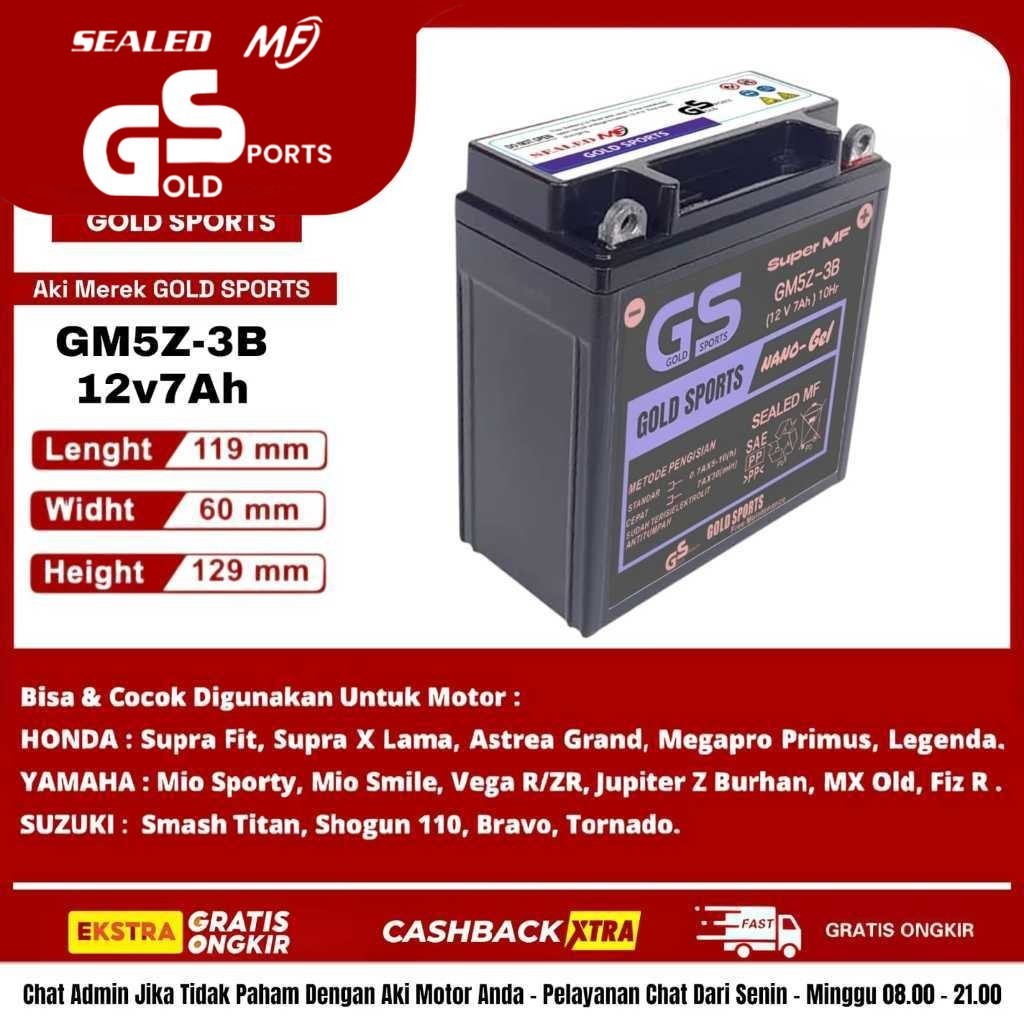 GOLD SPORTS Aki Motor GM5Z-3B 12V7Ah HONDA Supra Lama Supra X 110 Legenda Astrea Grand Prima Mega Pro Lama Supra Fit  YAMAHA Mio Smile Mio Sporty Vega R Vega ZR Jupiter Z Lama Jupiter MX Lama F1ZR Crypton SUZUKI Smash Shogun Lama Tornado Satria Lumba