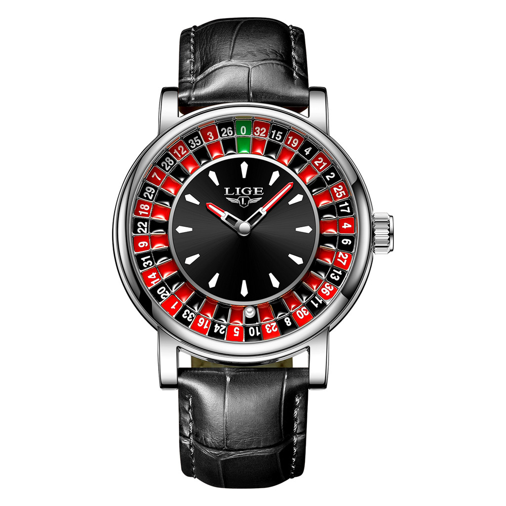 LIGE Creative Unique Dial Watch Fashion Leather Roulette Game Casual Sport  Simple Waterproof Quartz Watches for Man Reloj Hombre