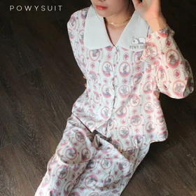 YX64 Rabbit Piyama Powysuit Satin Sutra Wanita Setelan Lengan Panjang Celana Panjang Lembut