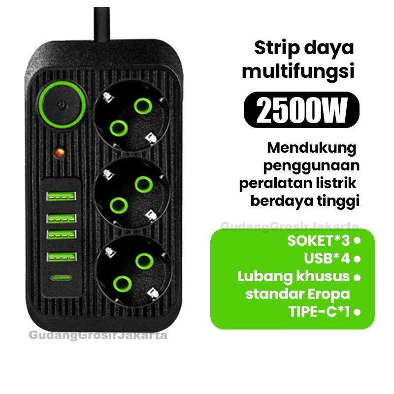 Jual 2500W Power Strip 3 Colokan+1 TYPE-C+4 USB Kabel Colokan 2 Meter ...