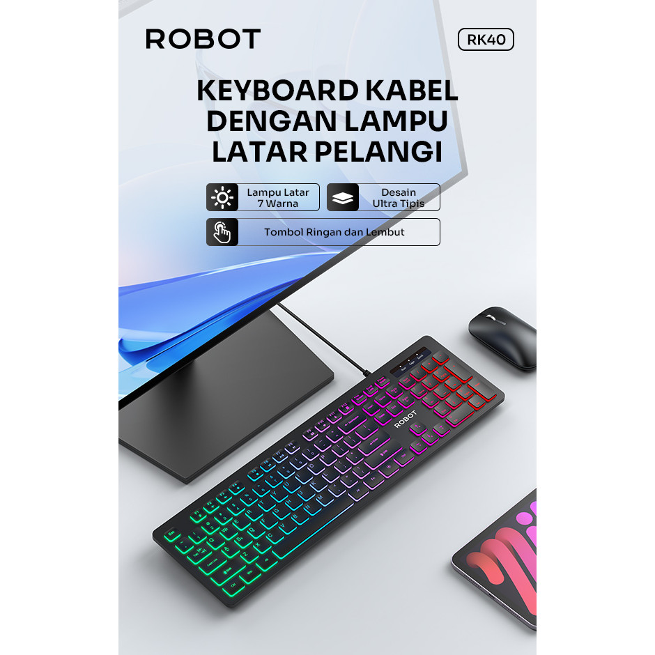 Jual Keyboard ROBOT RK40 (Black) Keyboard Wired Backlit 7 Warna Ultra ...