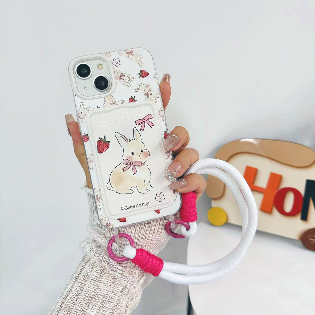 Jual Case White Bunny White Ribbon Strawberry Card Holder for iPhone 15 ...