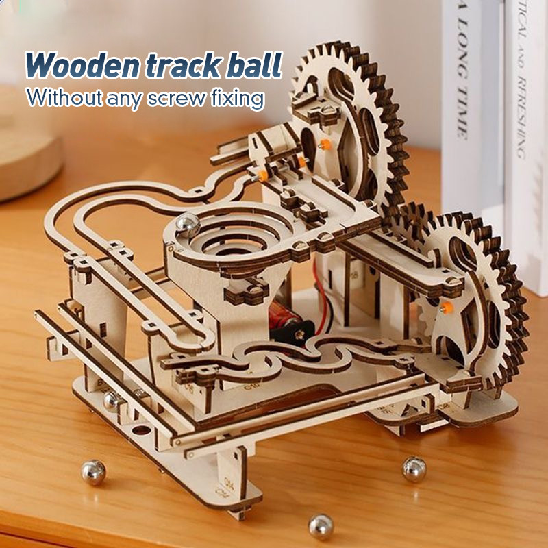Jual 3D Wooden Puzzles Electric Catapult Track Device Marble Run Set ...