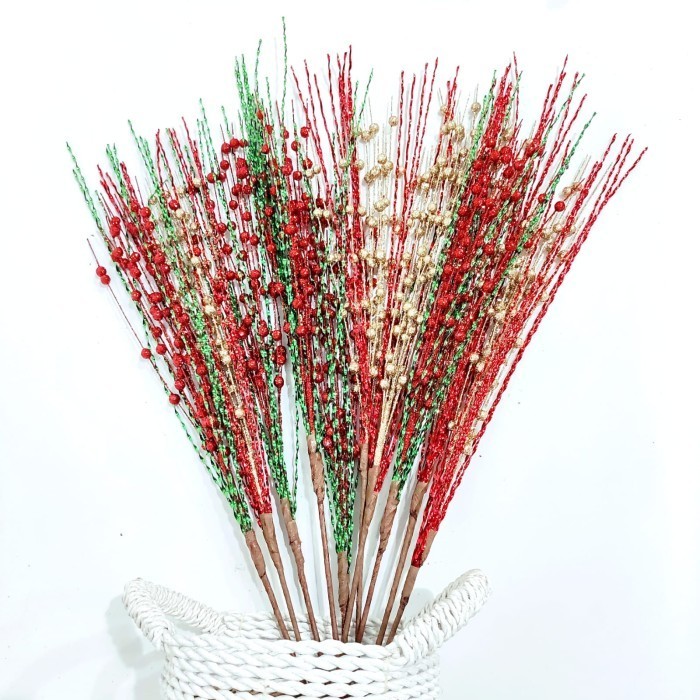 Jual Bunga Emas Rumput Pearl Hijau Merah Natal Bunga Tangkai Gliter ...