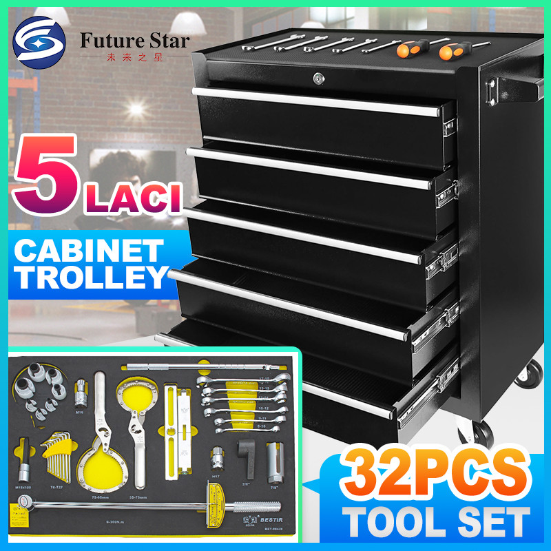 Jual Tool Box Cabinet Trolley 5 Drawer Susun Laci +32cs Tool Kit Set ...