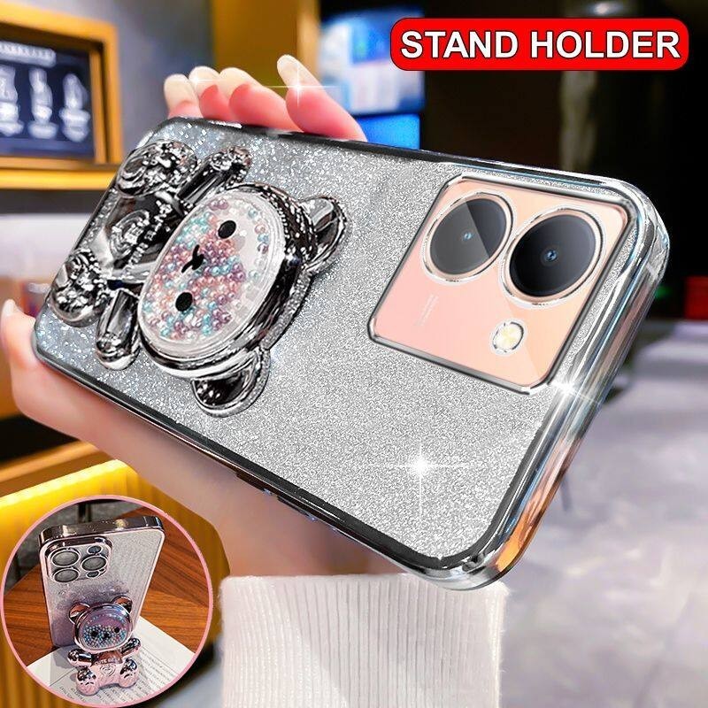 New Phone case Vivo Y18 Vivo Y18e Vivo Y28 4G Back cover Cute 3D Bear  Stand Holder Luxury Slim Gradient Plating Glitter Girls Casing Clear Soft 
