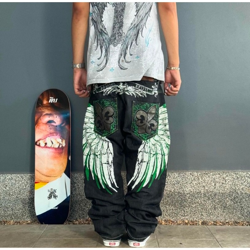 Jual Harajuku Hip Hop Retro Wing Print Loose Jeans Men