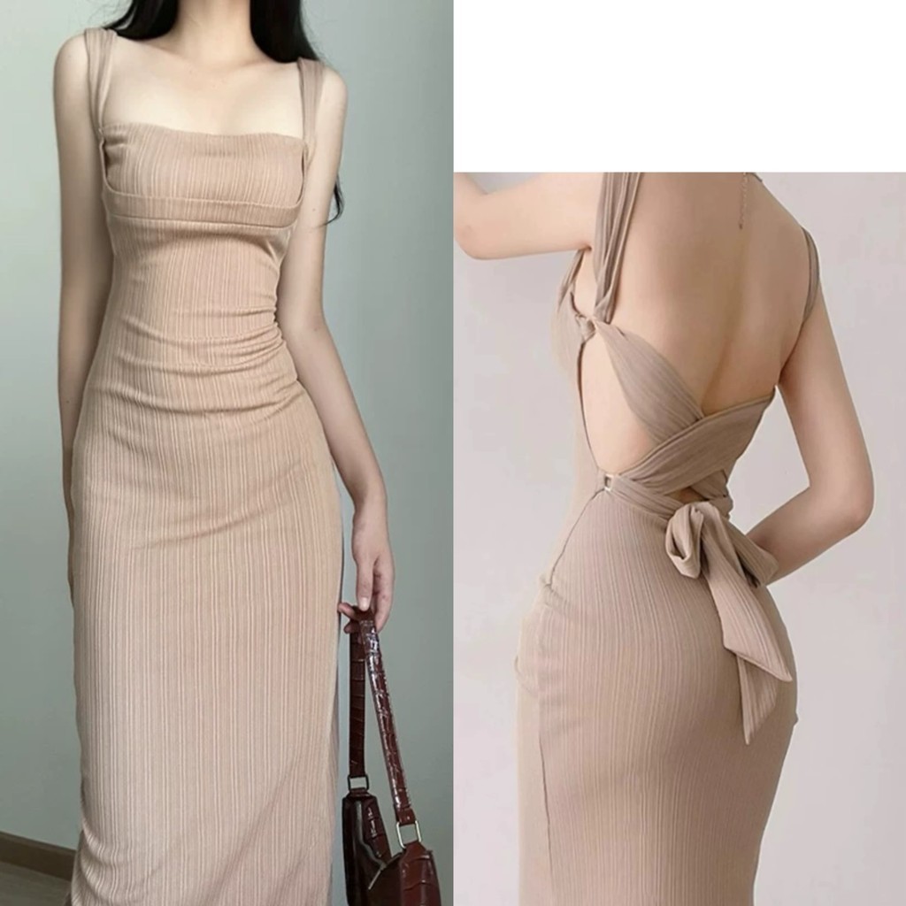 Jual vintage dress Pas Body party beige wanita backless tanpa lengan Serut Pas Body pantai backless dress sexy