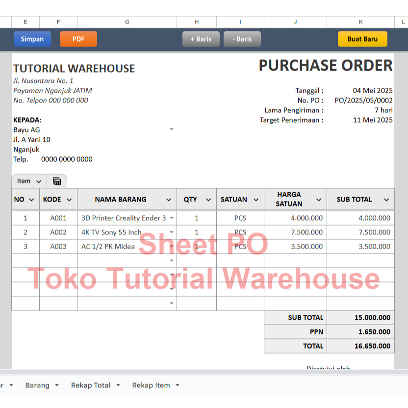 Jual Template GSheets Purchase Order (PO) Otomatis Simpan ke Arsip ...