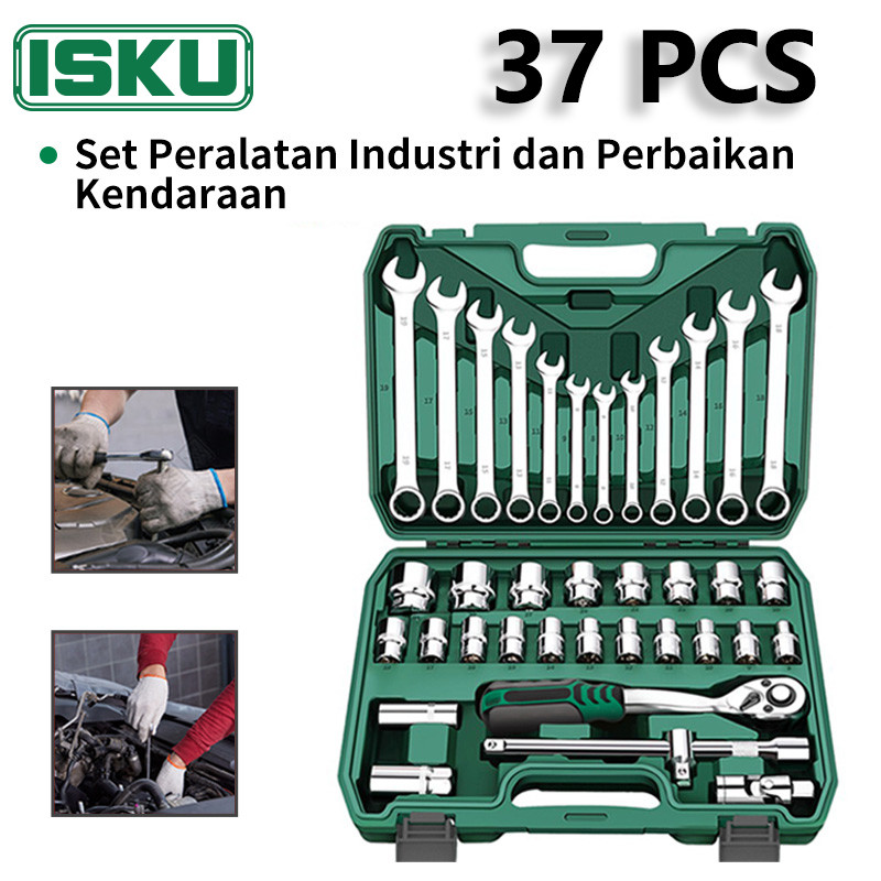 ISKU Kunci Shock Set 37pcs Full Lengkap Socket Toolkit 12pcs Kunci Pas Ring Set Dan 21pcs Mata Shock