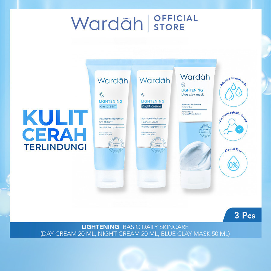 Wardah Paket Lightening Basic Daily Skincare - Day Cream, Night Cream, Blue Clay Mask - Pelembab dan Masker Wajah - Cerah, Glowing, Terlindungi