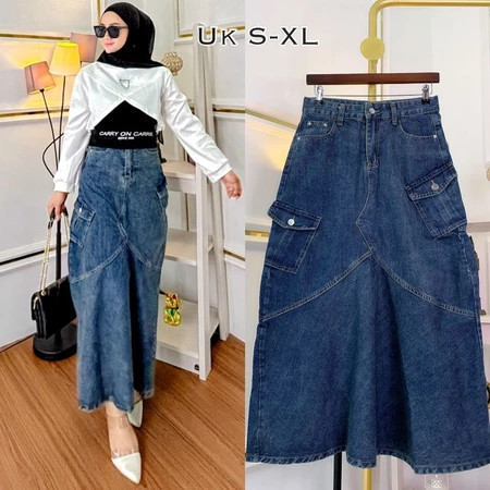 Jual Long Skirt Korean Style - Enjel Rok Cargo Panjang Denim Wanita ...