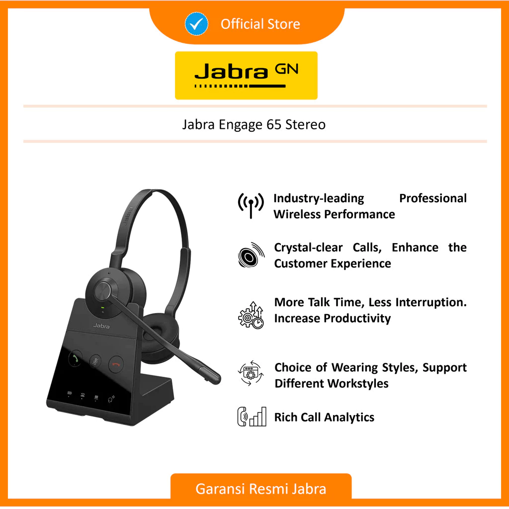 Jabra Engage 65 Stereo Headset Wireless for Desk Phone and Softphone (9559-553-117) + Headset Base for Charging