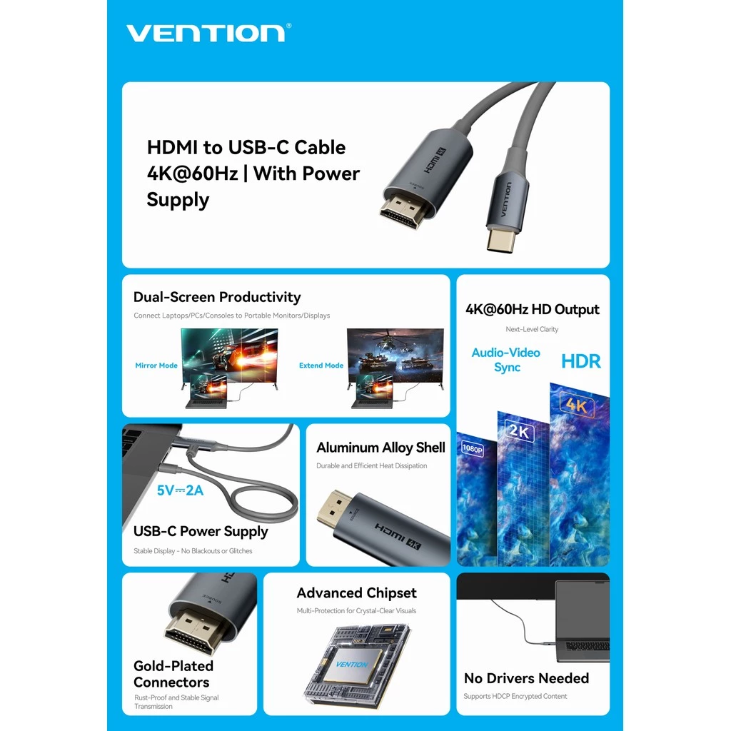 Vention Kabel HDMI to USB-C 4K HDR 60Hz Power Support Mirror & Extend Mode