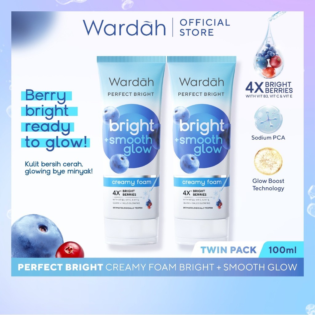 [TWINPACK] Wardah Perfect Bright Creamy Foam Brightening + Smoothing Glowing 100 ml - Facial Wash untuk Semua Jenis Kulit Terutama Kulit Kering - Membersihkan dengan Lembut - Cerah, Sehat, Glowing, Lebih Kenyal, Halus