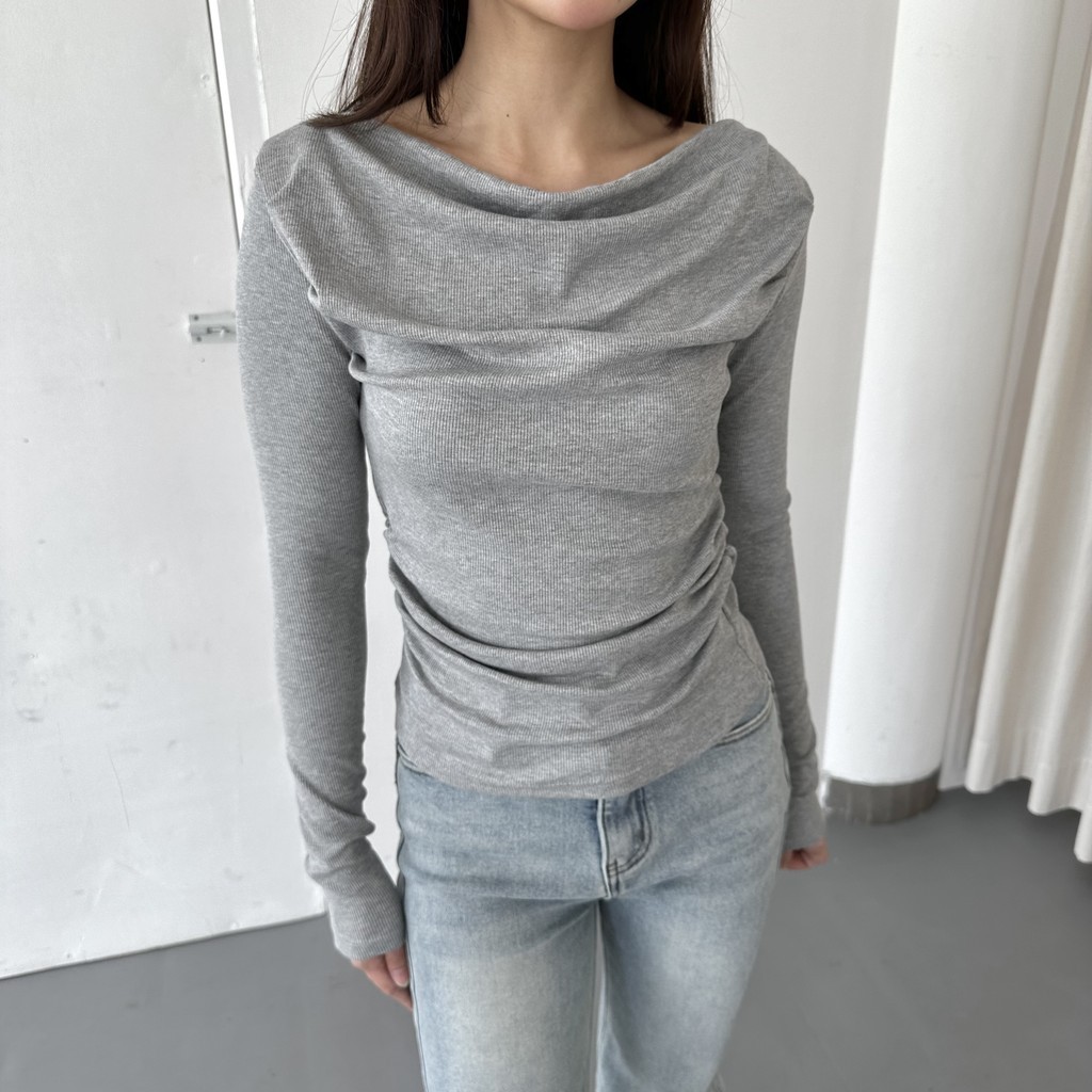ALBA TOP - Atasan Knit Wanita Lengan Panjang Boat Neck Drape Cowl Korean Top Basic Baju Summer Ribbed Knit Rib Long Sleeve Posha