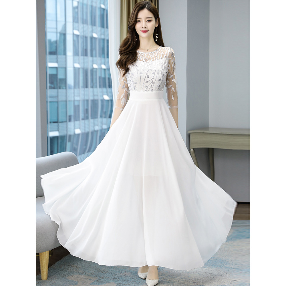 Jual White Chiffon Women Wedding Long Dress Mesh Summer Bridesmaid