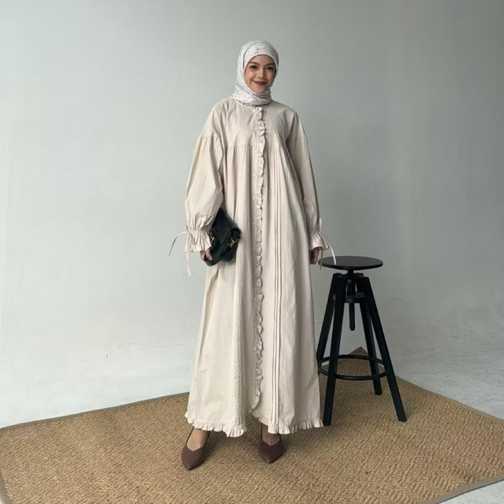 Jual PGMT - Sonya Dress Ruffle Gamis Wanita Bahan Polo Linen Premium ...