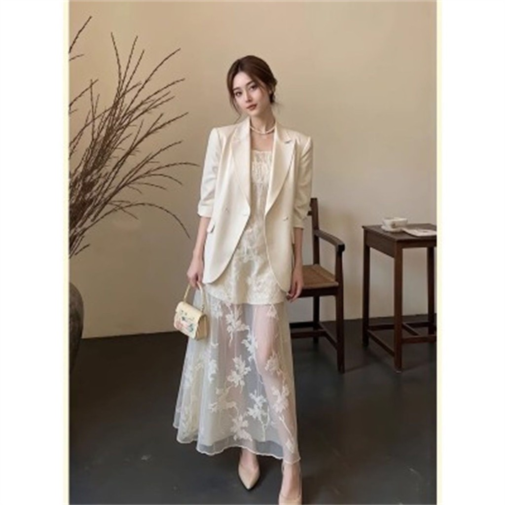 Crop Blazer And Spaghetti Strap Dress Two-Piece Set main image 1