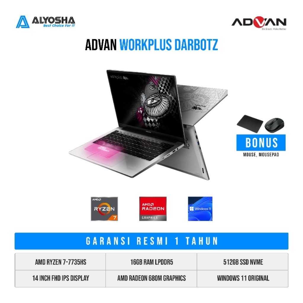Jual Advan x Darbotz WorkPlus Ryzen 7 7735HS 16GB SSD 512GB 14″ WUXGA ...
