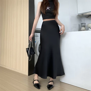 MEET.U Rok Midi Satin Mewah Dengan Pinggang Tinggi Rok Kasual Wanita A Line Slim Fishtail Skirt